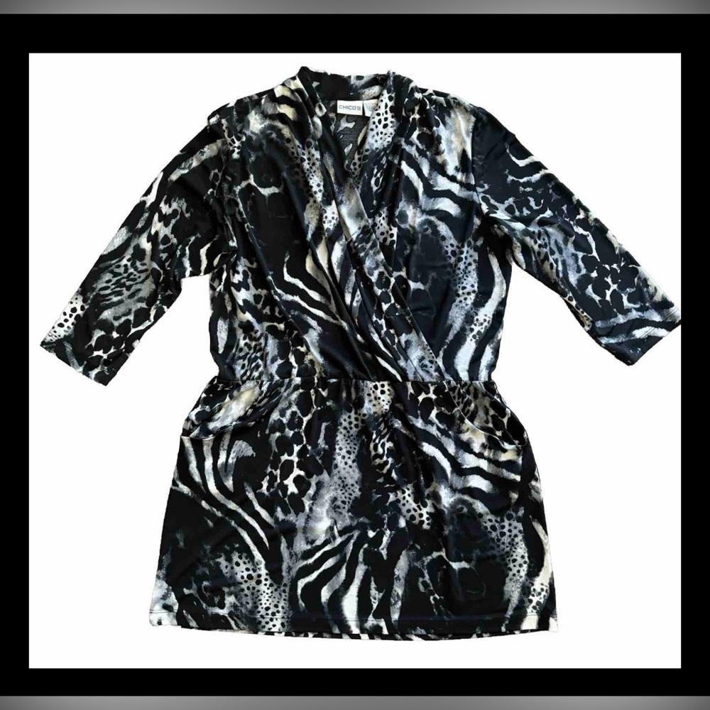 Chico's Black White Animal Tunic Faux Wrap‎ Mini Dress 3/4 Sleeve Pockets Size 2